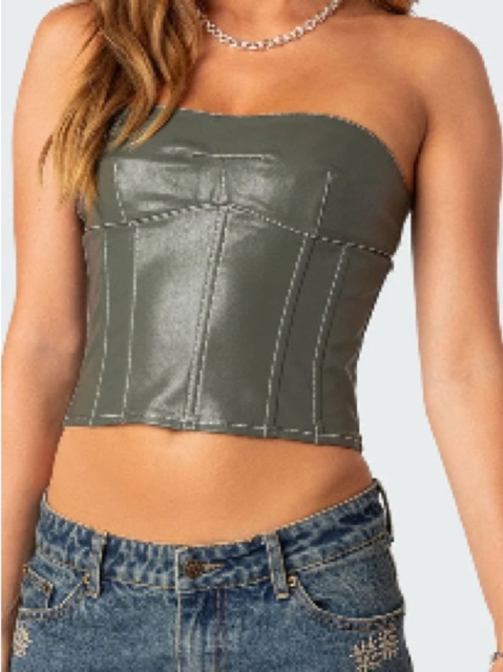 Edikted Army Green Faux Leather Strapless Corset Crop Top w/ Contrast Stitching